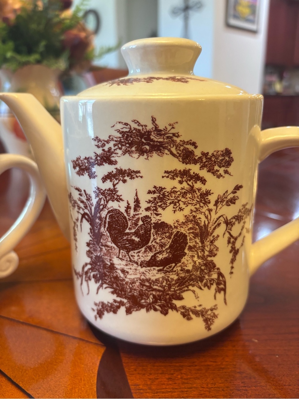 Cream Ceramic Teapot with Brown Rooster Transferware Pattern